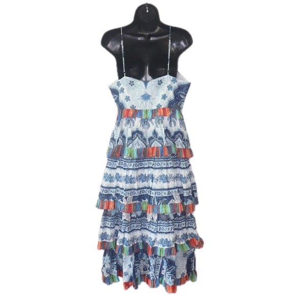 Blue Palms Frilled Skirt Embroidered Rainbow Detail Woven Tiered Edge Midi Dress - Picture 2 of 3